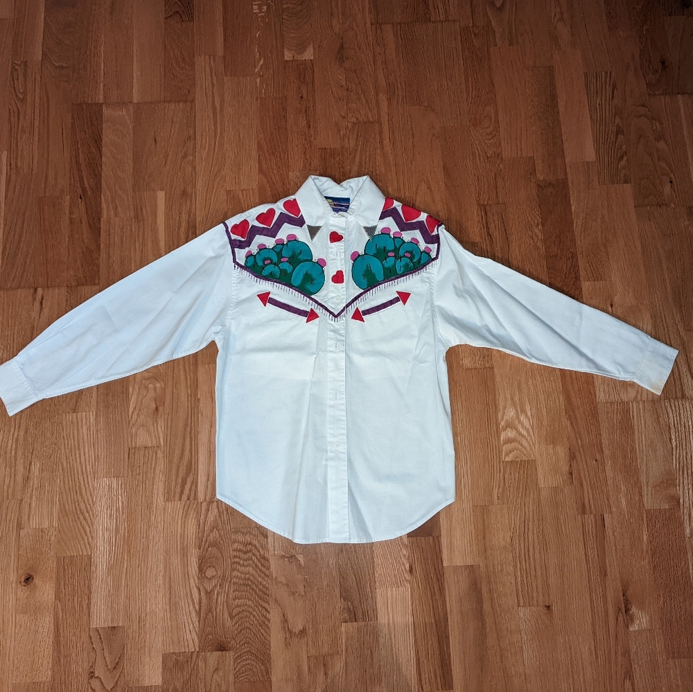 Vintage Cricket by the Creek Hand Painted cactus Dress Shirt Button Up studs
